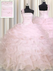 Admirable One Shoulder Sleeveless Organza Floor Length Zipper Sweet 16 Dresses in Baby Pink with Beading and Ruffles