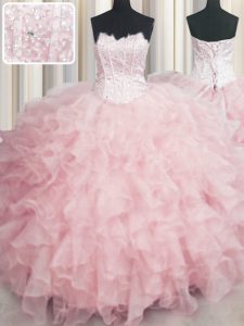 Designer Visible Boning Scalloped Floor Length Ball Gowns Sleeveless Baby Pink 15th Birthday Dress Lace Up