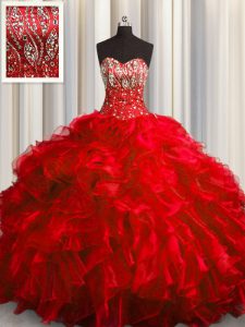 Stylish Brush Train Red Ball Gowns Beading and Ruffles Sweet 16 Quinceanera Dress Lace Up Organza Sleeveless With Train