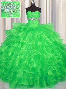 Customized Ruffled Layers Sweetheart Sleeveless Lace Up Vestidos de Quinceanera Green Organza