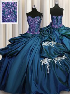 Decent Teal Taffeta Lace Up Sweetheart Sleeveless Floor Length Sweet 16 Dresses Beading and Appliques