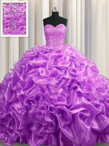 Stunning Court Train Lilac Sleeveless With Train Beading and Pick Ups Lace Up Quinceanera Gown
