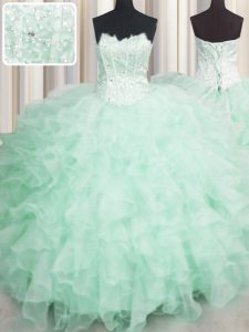Scalloped Visible Boning Beading and Ruffles Quince Ball Gowns Apple Green Lace Up Sleeveless Floor Length
