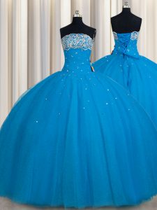 Really Puffy Teal Tulle Lace Up Quince Ball Gowns Sleeveless Floor Length Beading and Sequins