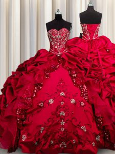 Embroidery Sequins Ball Gowns Vestidos de Quinceanera Red Sweetheart Taffeta Sleeveless Floor Length Lace Up