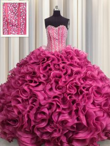 Visible Boning Ball Gowns 15 Quinceanera Dress Hot Pink Sweetheart Organza Sleeveless Floor Length Lace Up