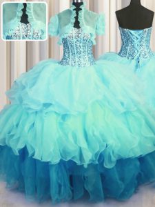 Visible Boning Bling-bling Sleeveless Organza Floor Length Lace Up Ball Gown Prom Dress in Multi-color with Beading and Ruffled Layers