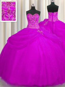 Perfect Fuchsia Sleeveless Beading Floor Length 15th Birthday Dress
