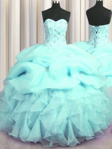 Visible Boning Ball Gowns Ball Gown Prom Dress Aqua Blue Sweetheart Organza Sleeveless Floor Length Lace Up