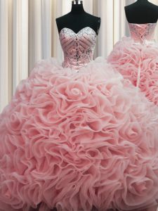 Brush Train Sweetheart Sleeveless Fabric With Rolling Flowers Sweet 16 Quinceanera Dress Beading and Pick Ups Lace Up