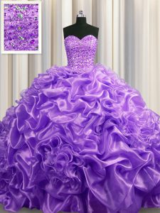Court Train Lavender Sleeveless With Train Beading and Pick Ups Lace Up Quinceanera Dress