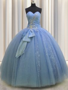 Tulle Sleeveless Floor Length Quinceanera Gowns and Beading and Sequins and Bowknot