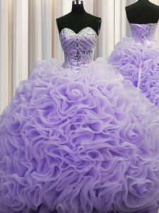 Rolling Flowers Lavender Sleeveless Brush Train Beading and Pick Ups Sweet 16 Quinceanera Dress