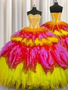 Designer Bling-bling Visible Boning Sweetheart Sleeveless Sweet 16 Quinceanera Dress Floor Length Beading and Ruffles and Ruffled Layers and Sequins Multi-color Tulle