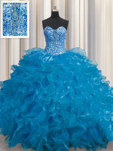 See Through Organza Sweetheart Sleeveless Lace Up Beading and Ruffles Quinceanera Gown in Teal