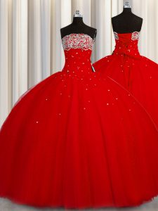 Puffy Skirt Red Strapless Lace Up Beading and Sequins 15 Quinceanera Dress Sleeveless