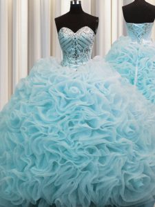 Rolling Flowers Sleeveless Organza Brush Train Lace Up 15 Quinceanera Dress in Aqua Blue with Beading and Pick Ups