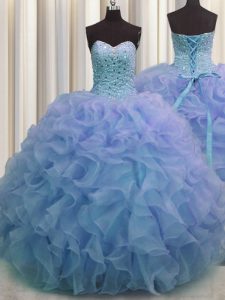 High Quality Blue Sweetheart Neckline Beading and Ruffles Quinceanera Gown Sleeveless Lace Up