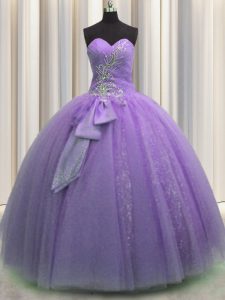 Lavender Tulle Lace Up Sweetheart Sleeveless Floor Length Sweet 16 Dresses Beading and Sequins and Bowknot