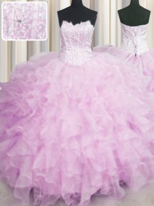 Visible Boning Pink Lace Up Scalloped Beading and Ruffles Quinceanera Dresses Organza Sleeveless