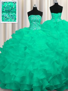 Superior Sleeveless Sweep Train Lace Up Beading and Ruffles 15 Quinceanera Dress