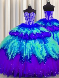 Custom Fit Bling-bling Visible Boning Sweetheart Sleeveless 15 Quinceanera Dress Floor Length Beading and Ruffles and Ruffled Layers and Sequins Multi-color Tulle