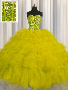 Visible Boning Beading and Ruffles and Sequins Sweet 16 Dresses Yellow Lace Up Sleeveless Floor Length