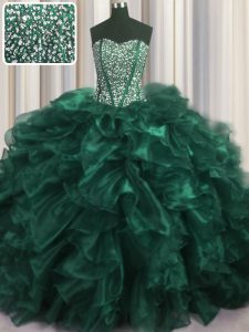 Superior Visible Boning Bling-bling Turquoise Organza Lace Up Sweetheart Sleeveless With Train 15 Quinceanera Dress Brush Train Beading and Ruffles