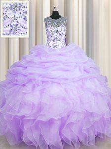 Adorable Scoop See Through Lavender Ball Gowns Beading and Ruffles and Pick Ups 15 Quinceanera Dress Lace Up Organza Sleeveless Floor Length