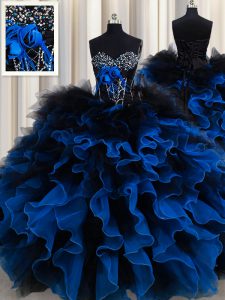 Modern Sleeveless Floor Length Beading and Ruffles Lace Up Quince Ball Gowns with Royal Blue