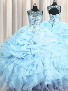 Adorable See Through Light Blue Ball Gowns Organza Scoop Sleeveless Beading and Ruffles and Pick Ups Floor Length Lace Up Sweet 16 Dresses