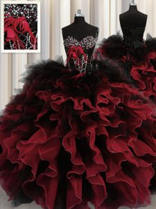 Unique Sleeveless Organza and Tulle Floor Length Lace Up Vestidos de Quinceanera in Red And Black with Beading and Ruffles