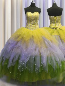 Classical Visible Boning Multi-color Ball Gowns Beading and Ruffles and Sequins 15 Quinceanera Dress Lace Up Tulle Sleeveless Floor Length