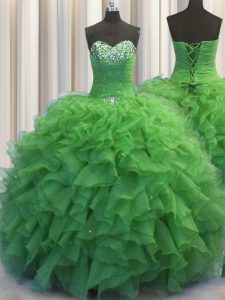 Beaded Bust Beading and Ruffles Quinceanera Gown Green Lace Up Sleeveless Floor Length