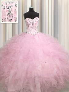 Visible Boning Floor Length Baby Pink Quinceanera Dress Tulle Sleeveless Beading and Appliques and Ruffles