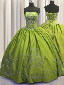 Designer Olive Green Ball Gowns Beading and Embroidery Sweet 16 Quinceanera Dress Lace Up Taffeta Sleeveless Floor Length