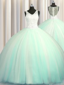 Big Puffy Zipper Up Tulle Sleeveless With Train Quinceanera Dresses Brush Train and Beading and Appliques
