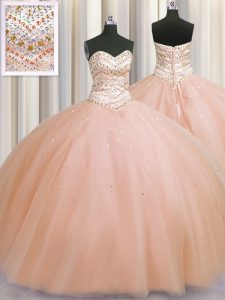 Bling-bling Really Puffy Sleeveless Floor Length Beading Lace Up Quince Ball Gowns with Peach