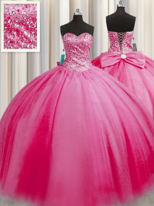 Cute Big Puffy Rose Pink Tulle Lace Up Sweetheart Sleeveless Floor Length Quinceanera Dress Beading