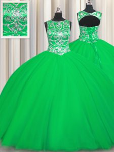 Luxury Green Lace Up Scoop Beading Sweet 16 Dress Tulle Sleeveless