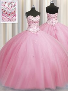 Bling-bling Big Puffy Rose Pink Sweetheart Lace Up Beading Sweet 16 Quinceanera Dress Sleeveless