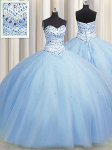 Shining Bling-bling Big Puffy Floor Length Light Blue Ball Gown Prom Dress Sweetheart Sleeveless Lace Up