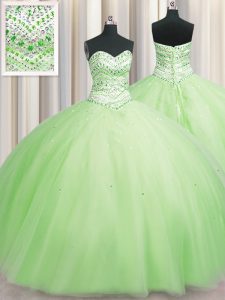 Delicate Bling-bling Big Puffy Yellow Green Sleeveless Tulle Lace Up Quinceanera Gown for Military Ball and Sweet 16 and Quinceanera