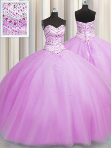Gorgeous Bling-bling Really Puffy Floor Length Lace Up Quinceanera Dresses Lilac for Military Ball and Sweet 16 and Quinceanera with Beading