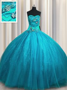 Lovely Sequined Teal Sleeveless Beading and Appliques Floor Length Sweet 16 Quinceanera Dress