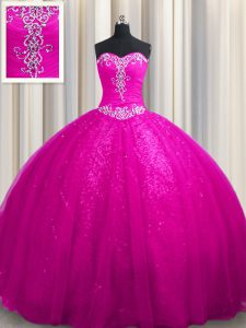 Romantic Fuchsia Ball Gowns Tulle and Sequined Sweetheart Sleeveless Beading and Appliques With Train Lace Up Vestidos de Quinceanera Court Train