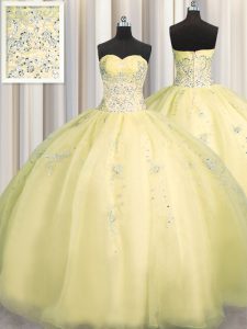 High Quality Really Puffy Organza Sweetheart Sleeveless Zipper Beading and Appliques Quinceanera Dress in Light Yellow