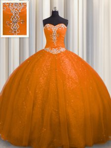 Custom Designed With Train Rust Red Ball Gown Prom Dress Tulle and Sequined Court Train Sleeveless Beading and Appliques