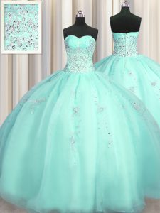 On Sale Really Puffy Turquoise Sleeveless Floor Length Beading and Appliques Zipper Vestidos de Quinceanera