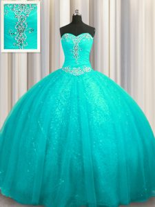 Artistic Sequined Aqua Blue Lace Up Quinceanera Dress Beading and Appliques Sleeveless Court Train